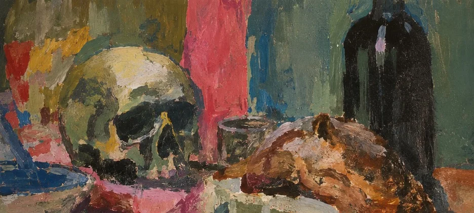 Detail of a still-life painting by Ben Coen aka no undo with a skull, a bottle and bread (placeholder image)
